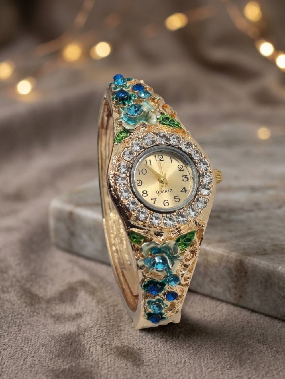 Gold Floral Bangle Quartz Watch - Blue Teal Flower Rhinestone Cuff